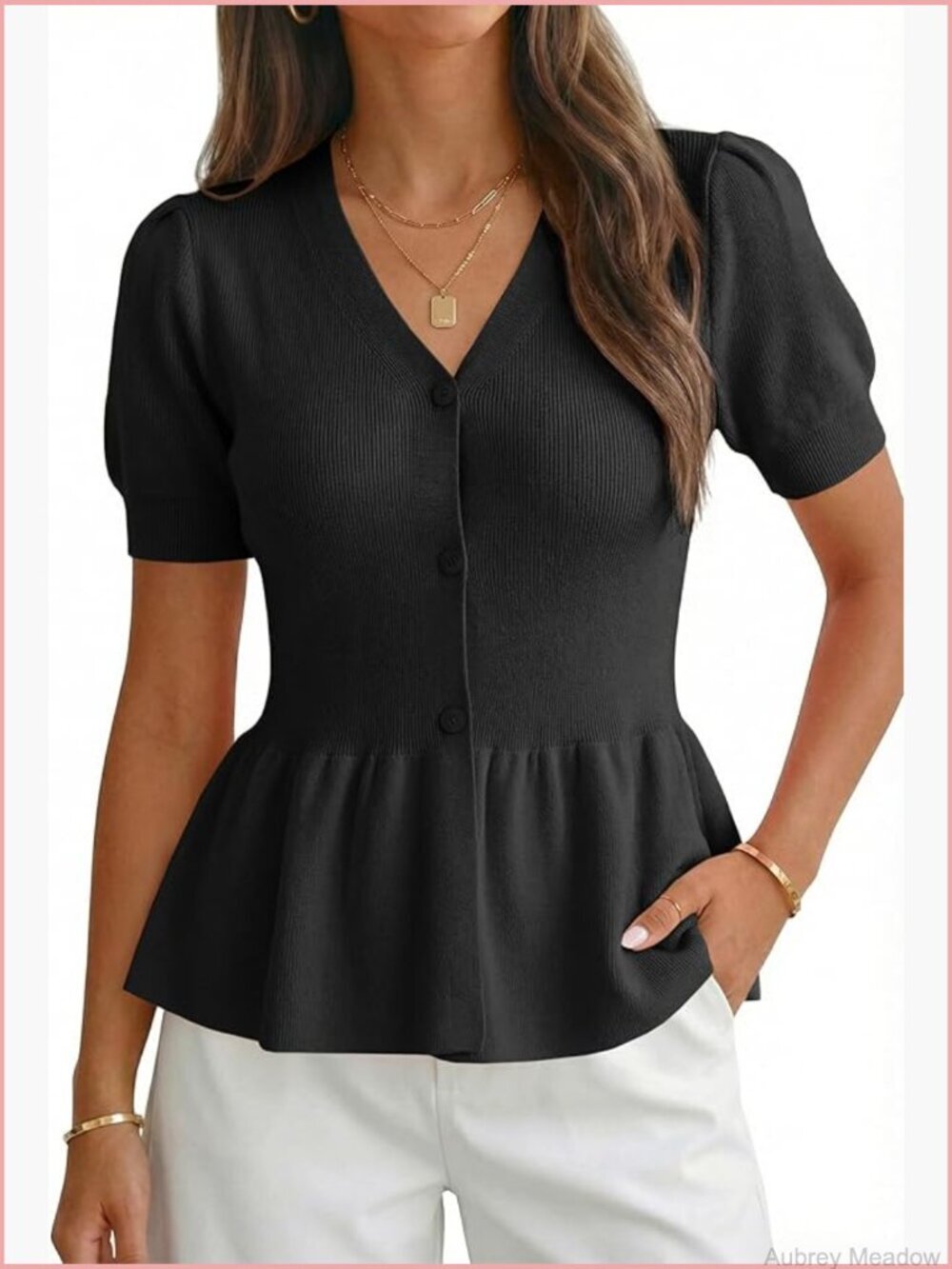 Puff Sleeve Peplum Cardigan V Neck Button Down Knit Babydoll Top